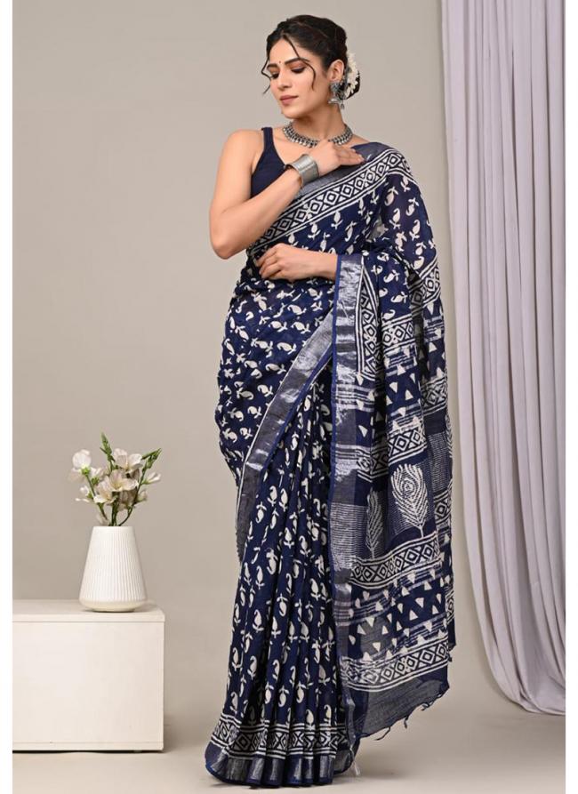 Cotton  Blue Daily Wear Printed Saree